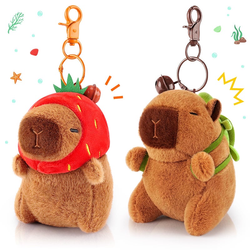 Achwishap 2PCS Capybara Plush KeychainCute Keychain Capybara Stuffed AnimalSoft Capybara Plush Toys Key ChainKawaii Plushie Stuffed Toys for Kids Adults Birthday GiftsTurtleStrawberry Hat - Image 2