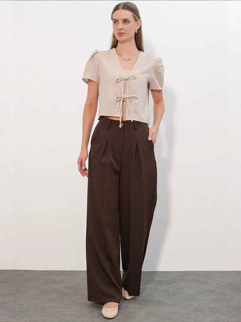Big Dart Beige Natural BDART Textured V-Neck Linen Blend Crop Top for Women | Best Price UAE