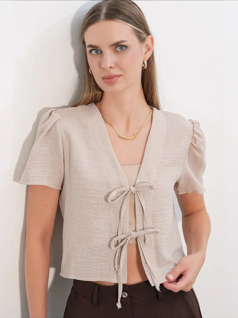 Big Dart Beige Natural BDART Textured V-Neck Linen Blend Crop Top for Women | Best Price UAE