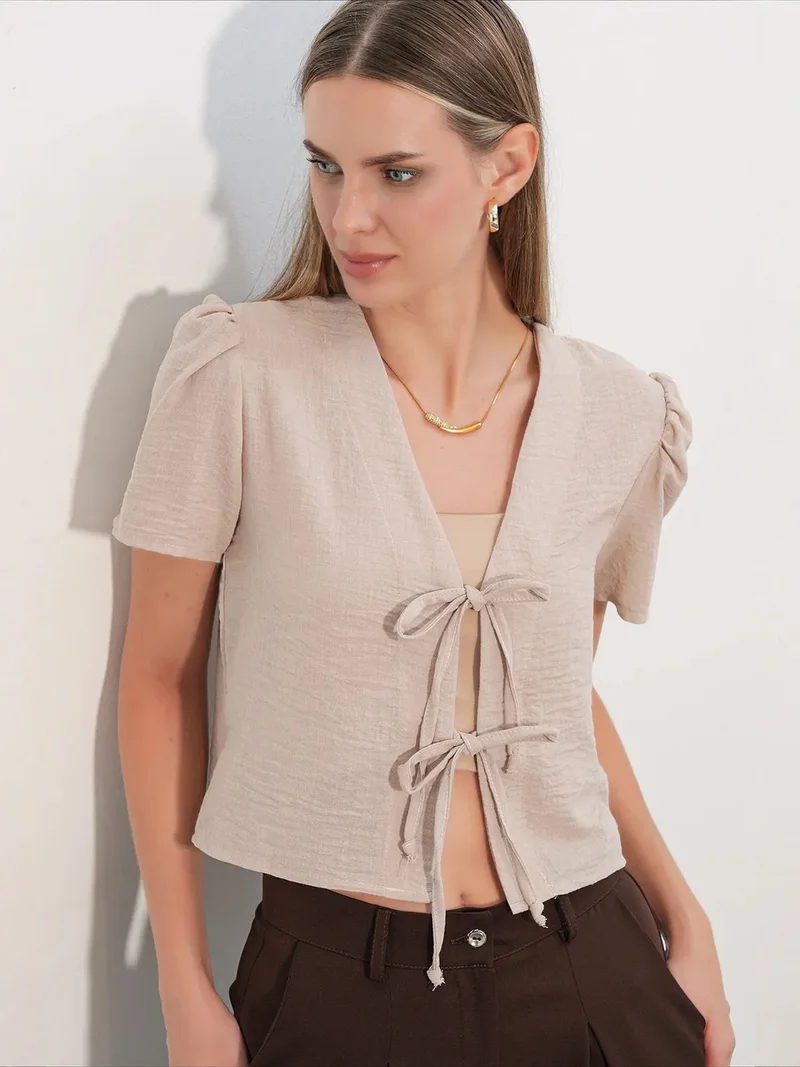 BDART Textured V-Neck Linen Blend Crop Top
