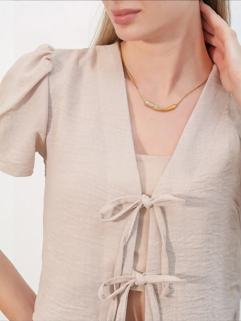 Big Dart Beige Natural BDART Textured V-Neck Linen Blend Crop Top for Women | Best Price UAE