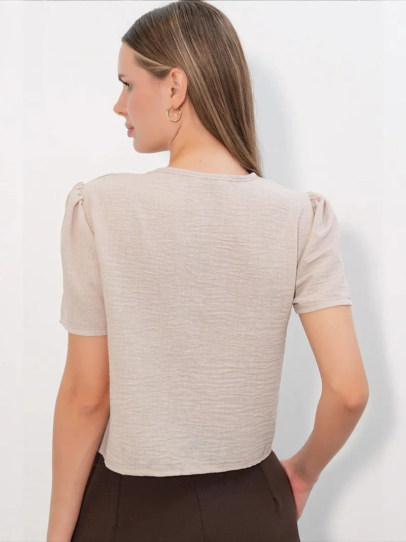 Big Dart Beige Natural BDART Textured V-Neck Linen Blend Crop Top for Women | Best Price UAE
