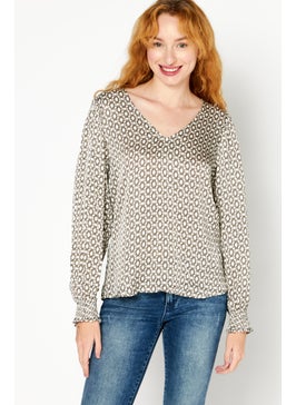 Women V Neck Long Sleeve Allover Print Top, Beige Combo