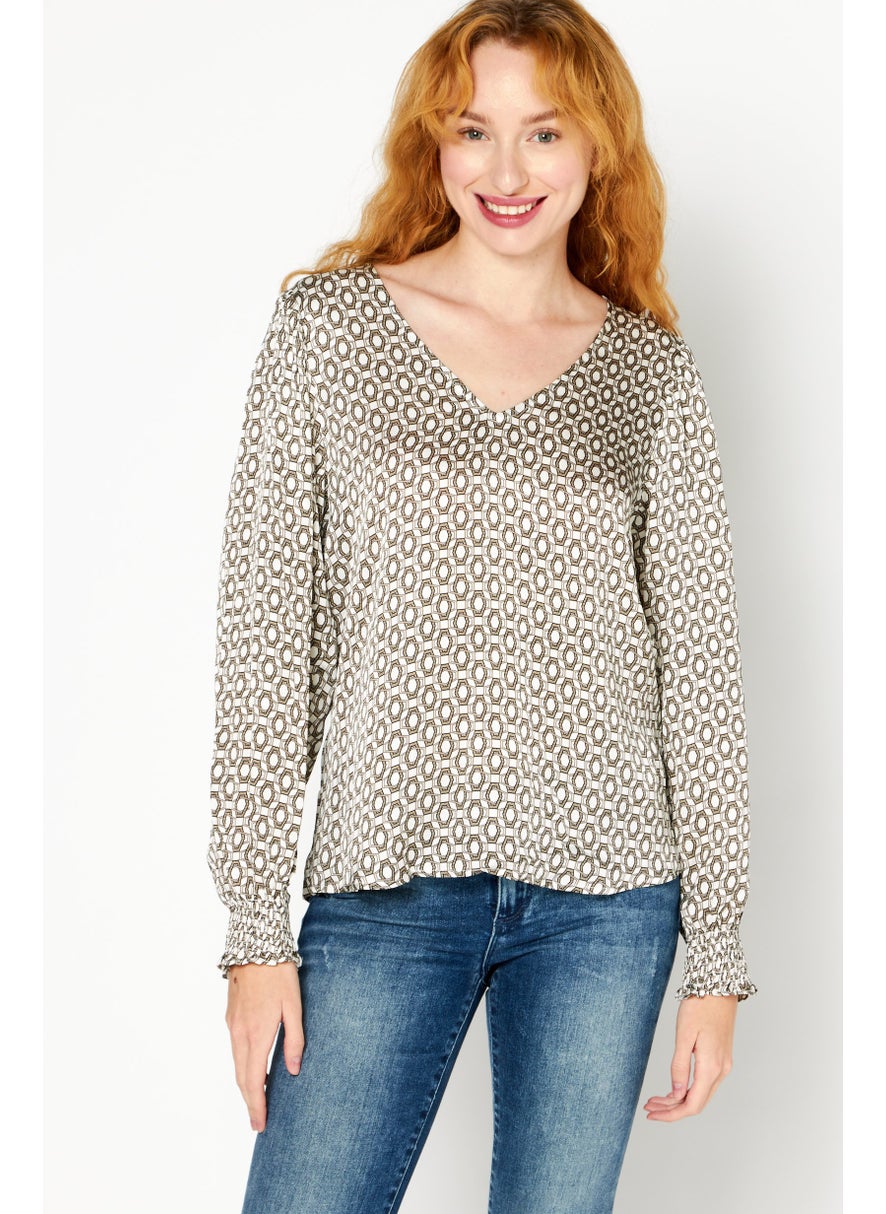 ESPRIT Women V Neck Long Sleeve Allover Print Top, Beige Combo  - Image 1