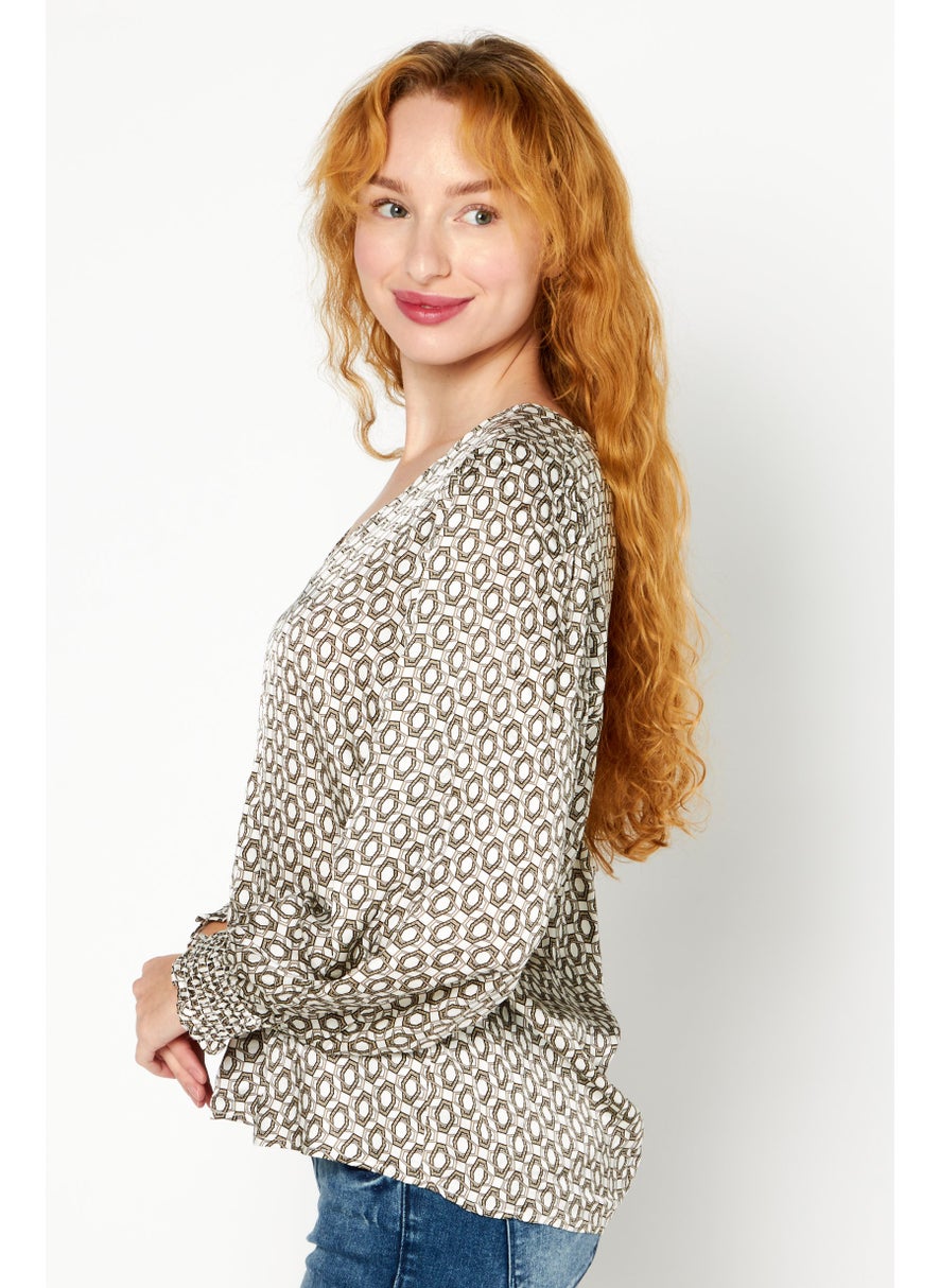 ESPRIT Women V Neck Long Sleeve Allover Print Top, Beige Combo  - Image 2