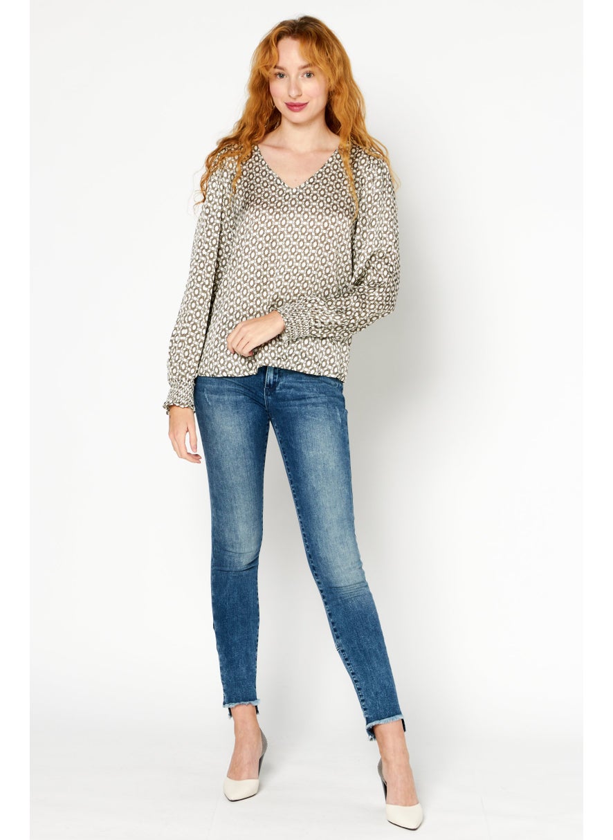 ESPRIT Women V Neck Long Sleeve Allover Print Top, Beige Combo  - Image 3