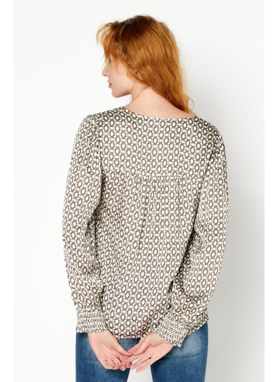ESPRIT Women V Neck Long Sleeve Allover Print Top, Beige Combo  - Image 4