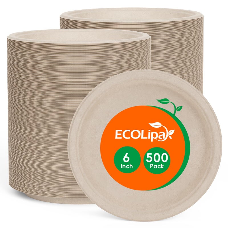 ECOLipak 6 Inch Disposable Compostable Small Paper Plates, 500 Pack Recycled Sugarcane Bagasse Biodegradable Heavy Duty Mini Dinner Appetizer Cake Dessert Plates for Party(Nature) - Image 1