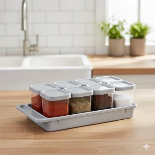 Gluman Plastic Masala Container Set With Organiser Tray And Spoon|Spice Organiser With Pre-Printed Sticker Labels|100% Food Grade|Dishwasher Safe|Freezer Safe|Microwave Safe|Reusable(Grey),Blue-Green - Image 2