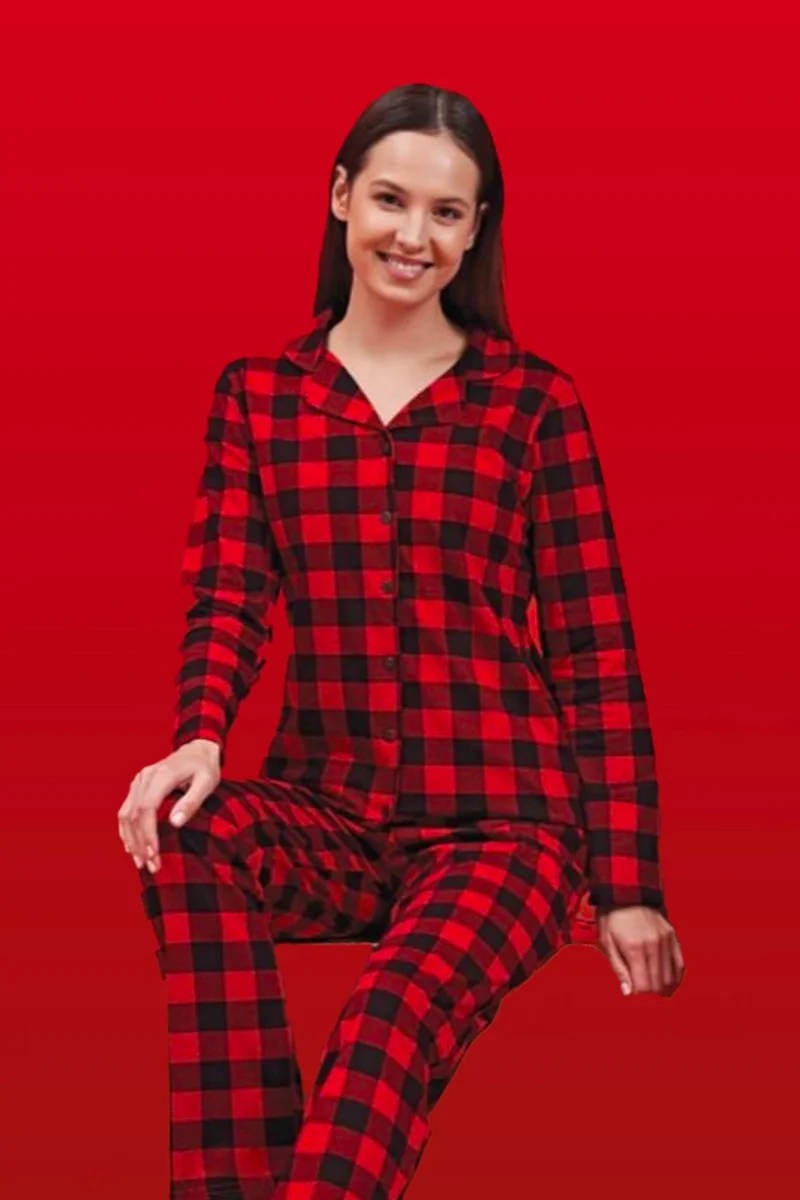 ريمسا Women's Plaid Patterned Cotton Pajama Set 1623 Red
