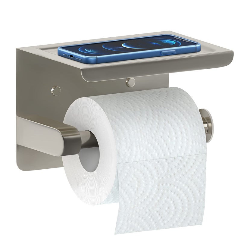 SAYONEYES SAYONEYES Brushed Nickel Bathroom Toilet Paper Holder with Shelf - SUS304 Stainless Steel Toilet Tissue Roll Holder Wall Mounted - Two Installation Screw and Self Adhesive TP Holder - 1 Pack - Image 1