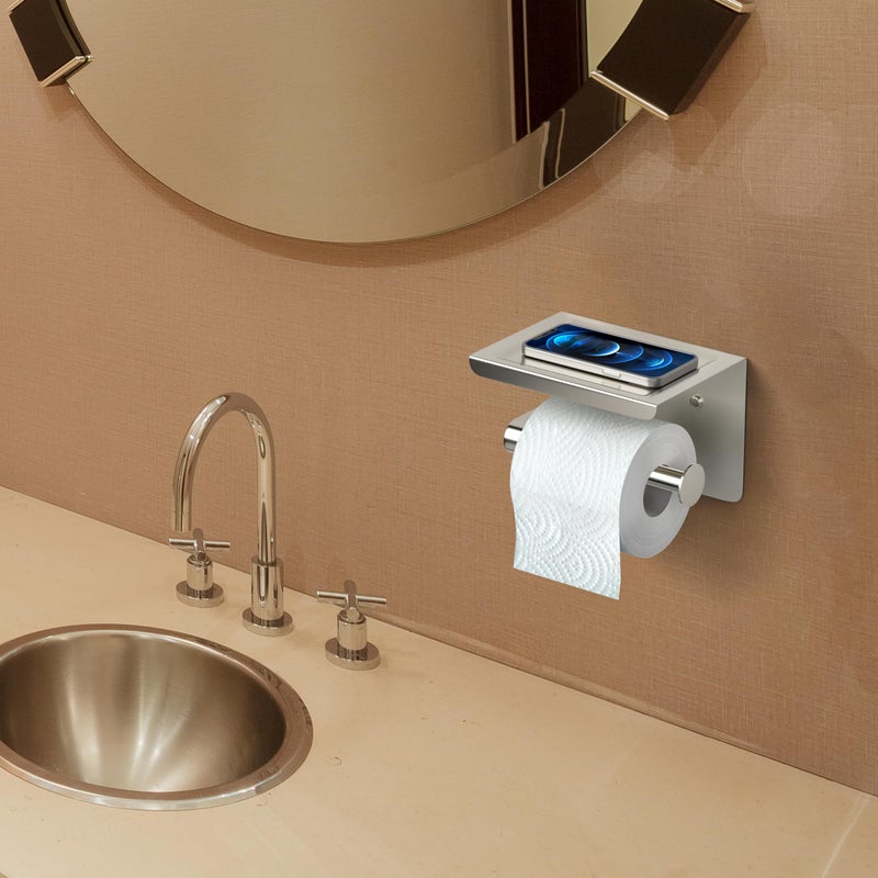 SAYONEYES SAYONEYES Brushed Nickel Bathroom Toilet Paper Holder with Shelf - SUS304 Stainless Steel Toilet Tissue Roll Holder Wall Mounted - Two Installation Screw and Self Adhesive TP Holder - 1 Pack - Image 3