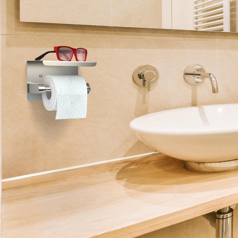 SAYONEYES SAYONEYES Brushed Nickel Bathroom Toilet Paper Holder with Shelf - SUS304 Stainless Steel Toilet Tissue Roll Holder Wall Mounted - Two Installation Screw and Self Adhesive TP Holder - 1 Pack - Image 5