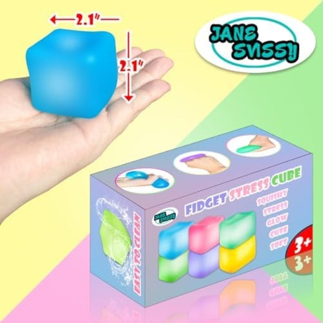 JANESVISSY Glow in the Dark Stress Cube Fidget Toy (2-Pack) - Super Solid Squishy TPR Squeeze Toy for Kids Teens Adults (Blue u0026 Purple) - Image 4