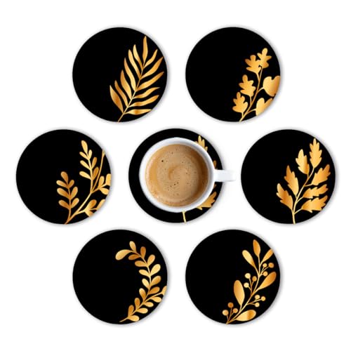 Brizberry® Premium Round Black Leaf Beautiful Wooden Coasters, Diwali Gift, Fit for Tea Cups, Coffee Mugs and Glasses 4 8 12 (3.5X3.5 Inch) (Design 12 (Set of 6)) - Image 1
