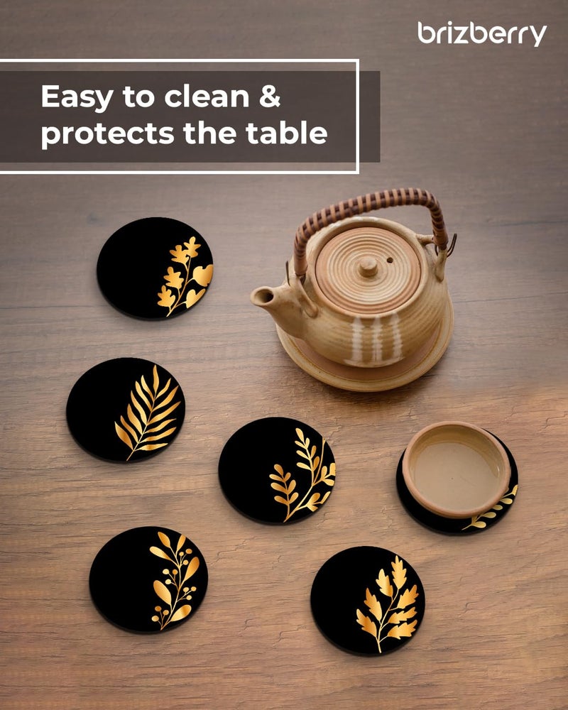 Brizberry® Premium Round Black Leaf Beautiful Wooden Coasters, Diwali Gift, Fit for Tea Cups, Coffee Mugs and Glasses 4 8 12 (3.5X3.5 Inch) (Design 12 (Set of 6)) - Image 4