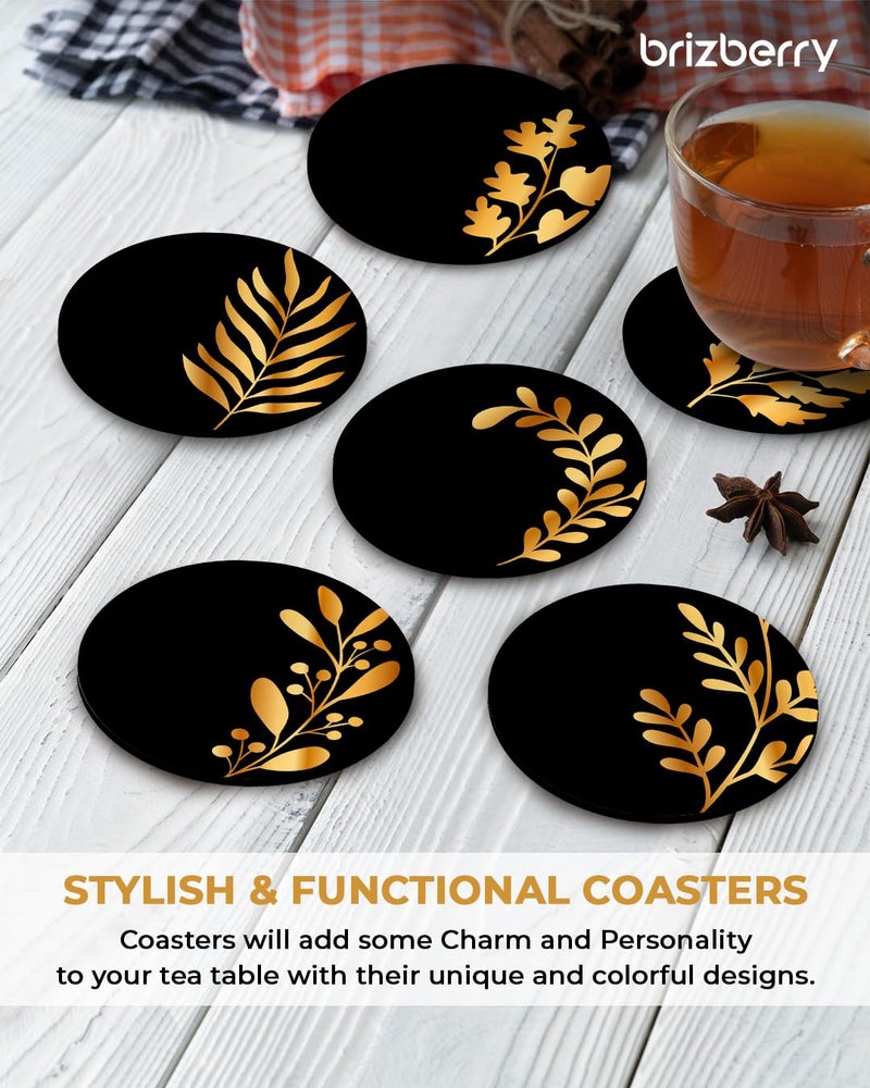 Brizberry® Premium Round Black Leaf Beautiful Wooden Coasters, Diwali Gift, Fit for Tea Cups, Coffee Mugs and Glasses 4 8 12 (3.5X3.5 Inch) (Design 12 (Set of 6)) - Image 5