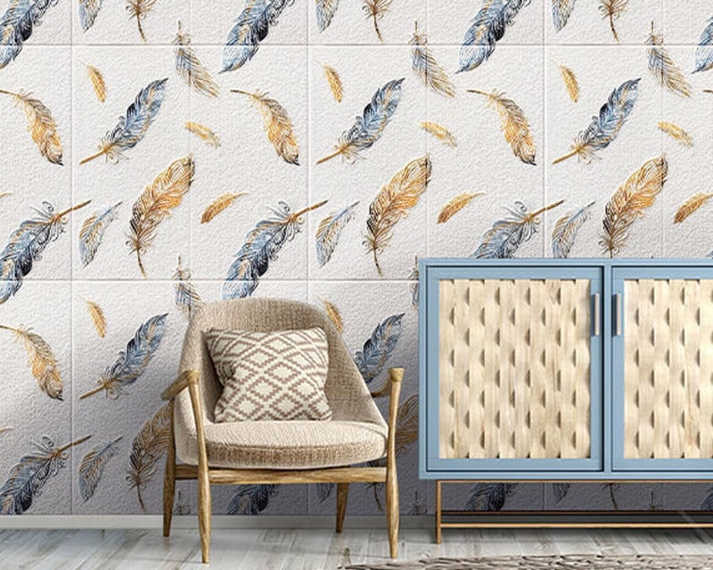 Jig-Tik Self-Adhesive Waterproof PE Foam 3D Wall Panels Wallpaper Sticker for Bathroom, Living Room, and Home Decoration (70 x 70cm, Appx. 5.3Sq Feet) Pack of 5 Piece//Feather White - Image 3