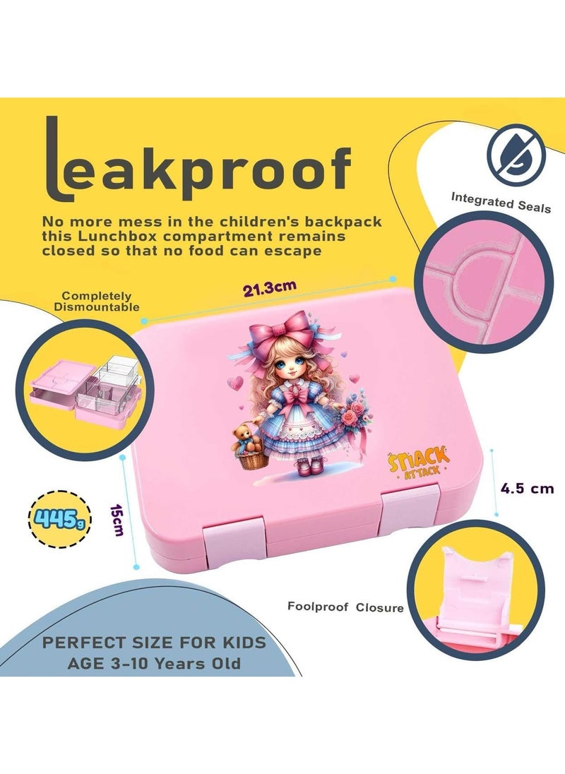 Bento Lunch Box For Kids, BPA-Free Leakproof Lunch Wontainers With 4/6 Compartments (Pink)