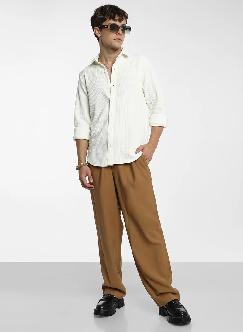 كامبوس سوترا Men's Pale Yellow Stripe-Creased Shirt