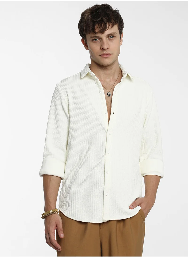 Campus Sutra Men's Pale Yellow Stripe-Creased Shirt