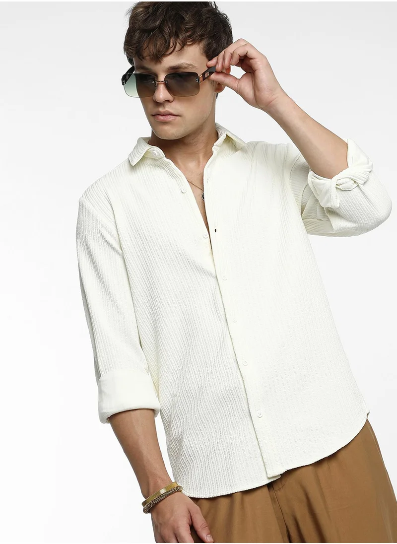 Campus Sutra Men's Pale Yellow Stripe-Creased Shirt