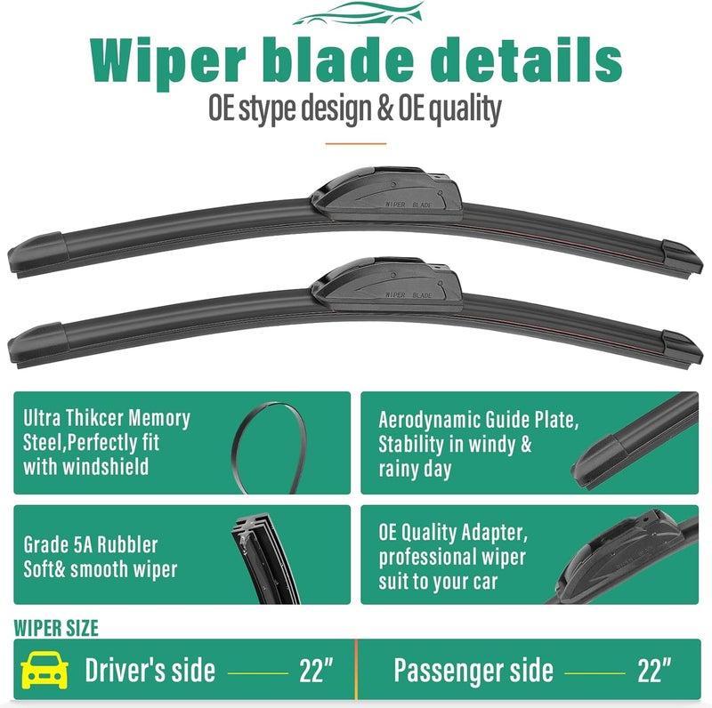 WINDSMILE 22" 22" 13" Windshield Wiper Blades Replacement for Chevy Chevrolet Tahoe Suburban 2015-2020,Chrysler Pacifica 2004-2008,Cadillac Escalade ESV EXT Premium All Weather Front Rear Wipers Set(Pack of 3) - Image 3