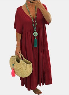 Loquat Womens Summer Loose Casual Short Sleeve Dresses Solid Color V-Neck Ruffled Maxi Dress Dark Red 
