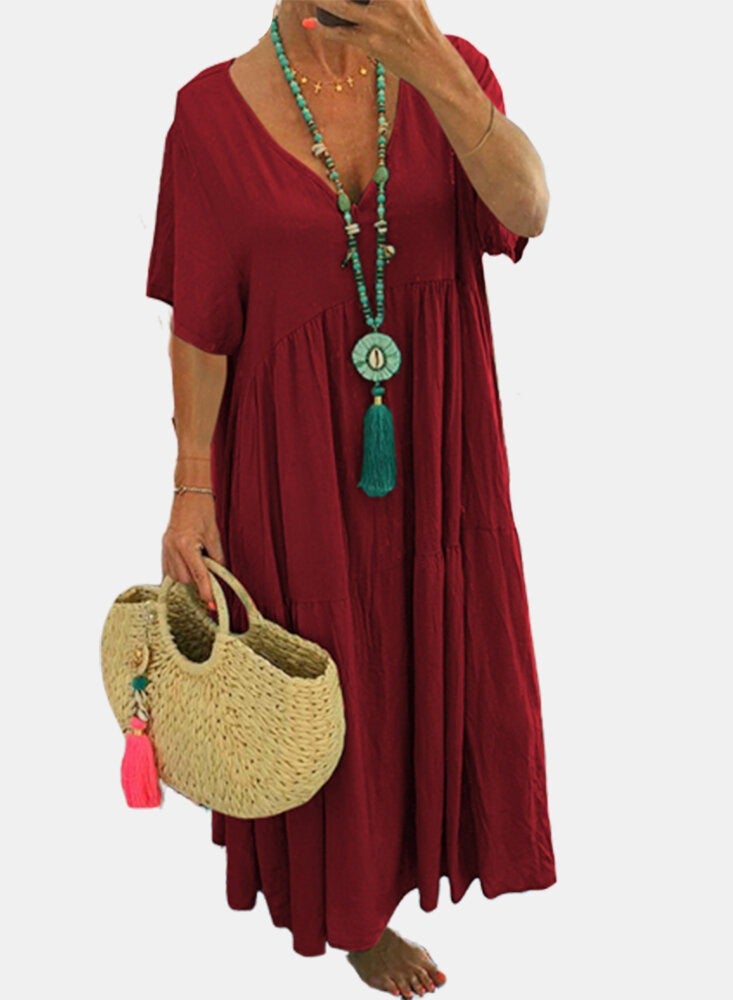 Loquat Womens Summer Loose Casual Short Sleeve Dresses Solid Color V-Neck Ruffled Maxi Dress Dark Red