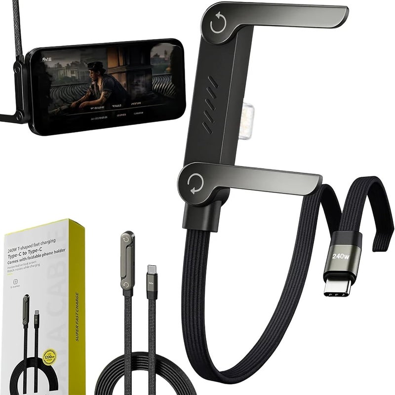 CozyNook Sideways Phone Charger, 240W Fast Charging Cable with Rotatable Phone Holder Stand, 360-Degree Rotation, 1.5 Meter Sideway Gaming Charger (Type C to Type C) - Image 1