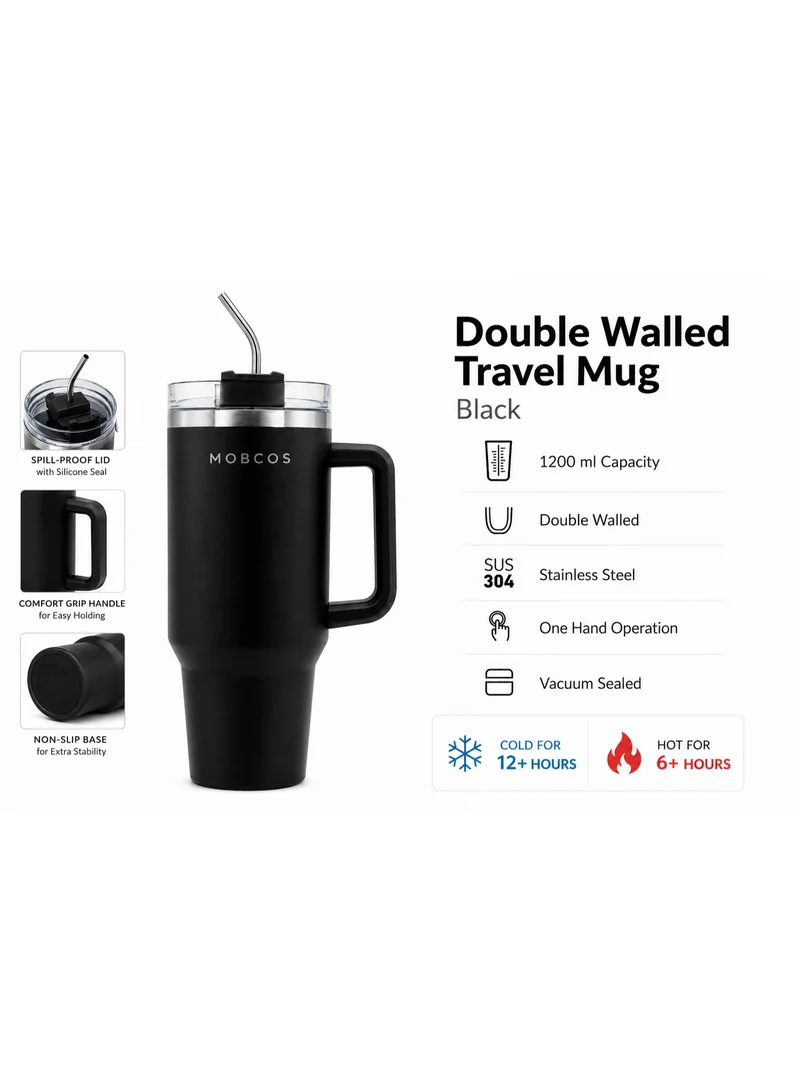 Mobcos Mobcos Black Plain Tumbler 1200ml Mobcos Plain Insulated Travel Tumbler 1200ml | Stainless Steel Vacuum Flask with Handle, Straw & Leakproof Lid | Reusable Coffee Mug | Water Bottle | Black  | Best Price UAE