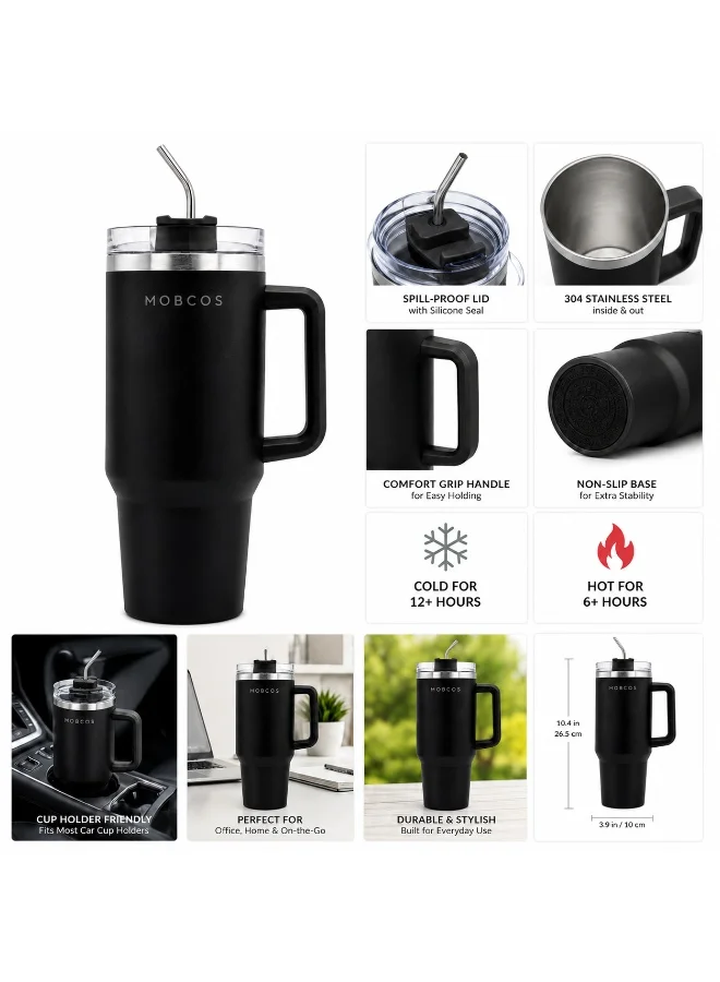 Mobcos Mobcos Plain Insulated Travel Tumbler 1200ml | Stainless Steel Vacuum Flask with Handle, Straw & Leakproof Lid | Reusable Coffee Mug | Water Bottle | Black