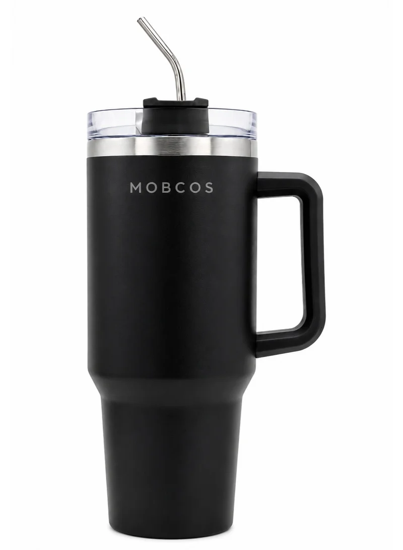 Mobcos Mobcos Plain Insulated Travel Tumbler 1200ml | Stainless Steel Vacuum Flask with Handle, Straw & Leakproof Lid | Reusable Coffee Mug | Water Bottle | Black