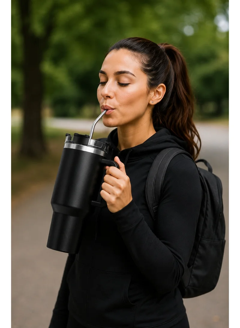 Mobcos Mobcos Black Plain Tumbler 1200ml Mobcos Plain Insulated Travel Tumbler 1200ml | Stainless Steel Vacuum Flask with Handle, Straw & Leakproof Lid | Reusable Coffee Mug | Water Bottle | Black  | Best Price UAE