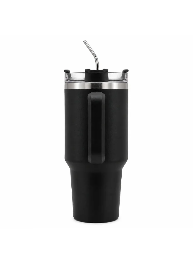 Mobcos Mobcos Black Plain Tumbler 1200ml Mobcos Plain Insulated Travel Tumbler 1200ml | Stainless Steel Vacuum Flask with Handle, Straw & Leakproof Lid | Reusable Coffee Mug | Water Bottle | Black  | Best Price UAE