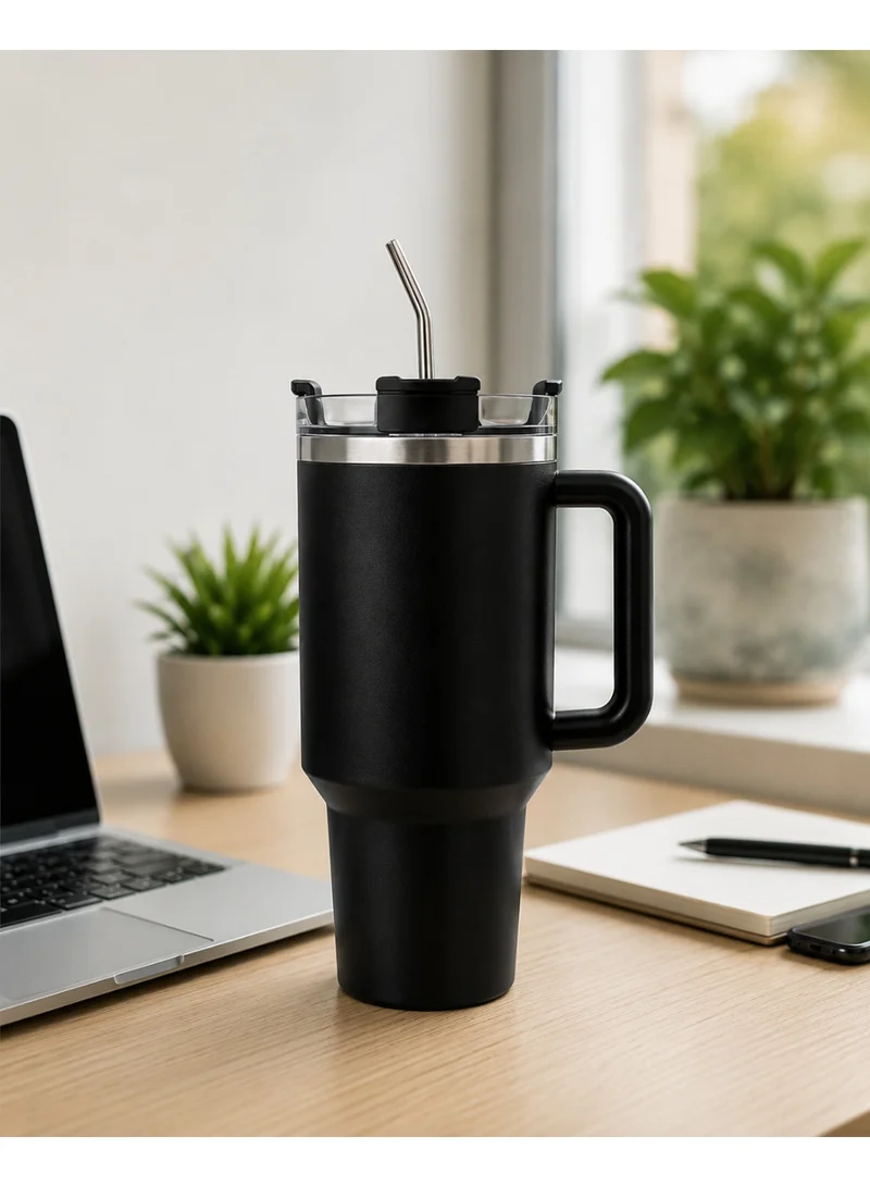 Mobcos Mobcos Black Plain Tumbler 1200ml Mobcos Plain Insulated Travel Tumbler 1200ml | Stainless Steel Vacuum Flask with Handle, Straw & Leakproof Lid | Reusable Coffee Mug | Water Bottle | Black  | Best Price UAE