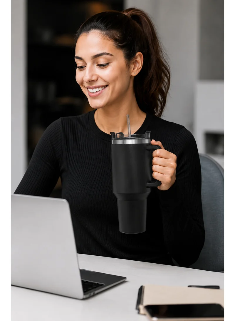 Mobcos Mobcos Black Plain Tumbler 1200ml Mobcos Plain Insulated Travel Tumbler 1200ml | Stainless Steel Vacuum Flask with Handle, Straw & Leakproof Lid | Reusable Coffee Mug | Water Bottle | Black  | Best Price UAE