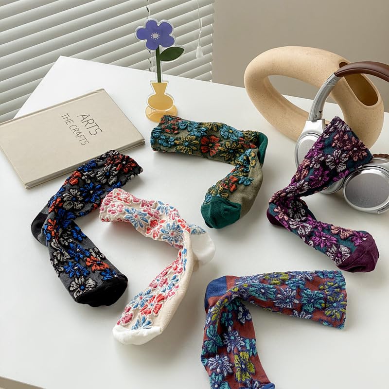 FORJMMP Vintage Embroidered Floral Socks for Women, Combed Cotton Crew Socks (5 Pairs-Set B) - Image 3