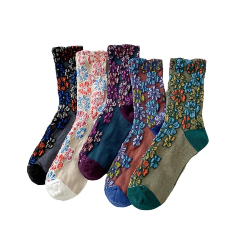 FORJMMP Vintage Embroidered Floral Socks for Women, Combed Cotton Crew Socks (5 Pairs-Set B) - Image 1