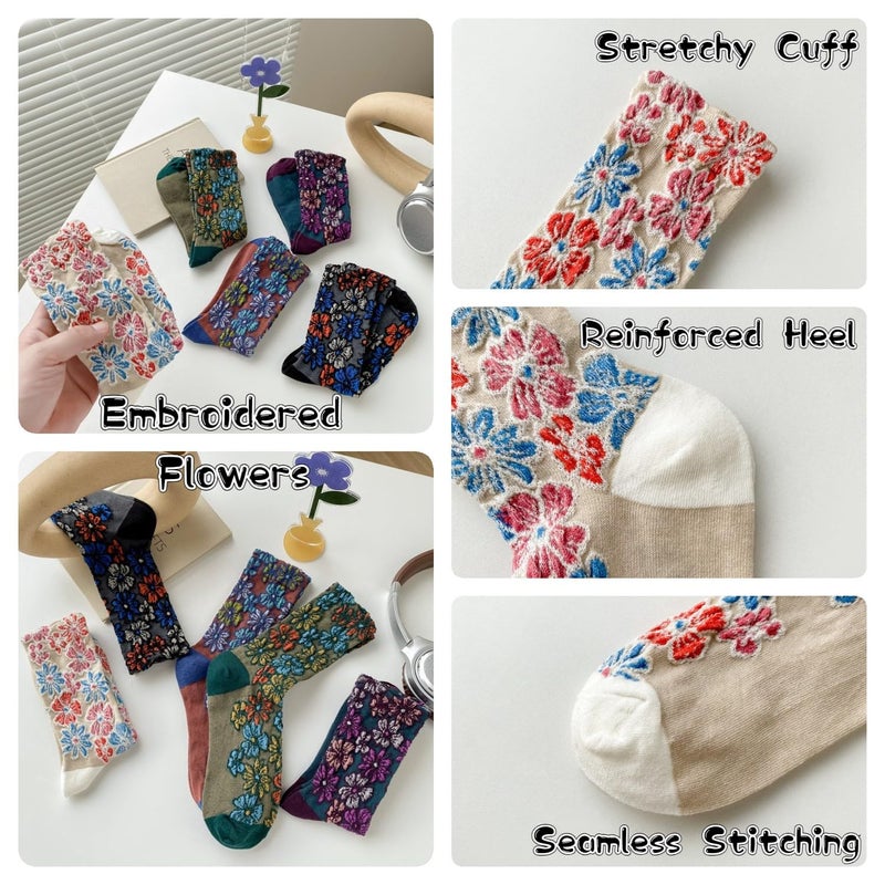 FORJMMP Vintage Embroidered Floral Socks for Women, Combed Cotton Crew Socks (5 Pairs-Set B) - Image 4