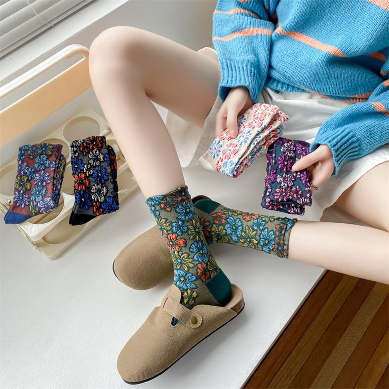 FORJMMP Vintage Embroidered Floral Socks for Women, Combed Cotton Crew Socks (5 Pairs-Set B) - Image 2