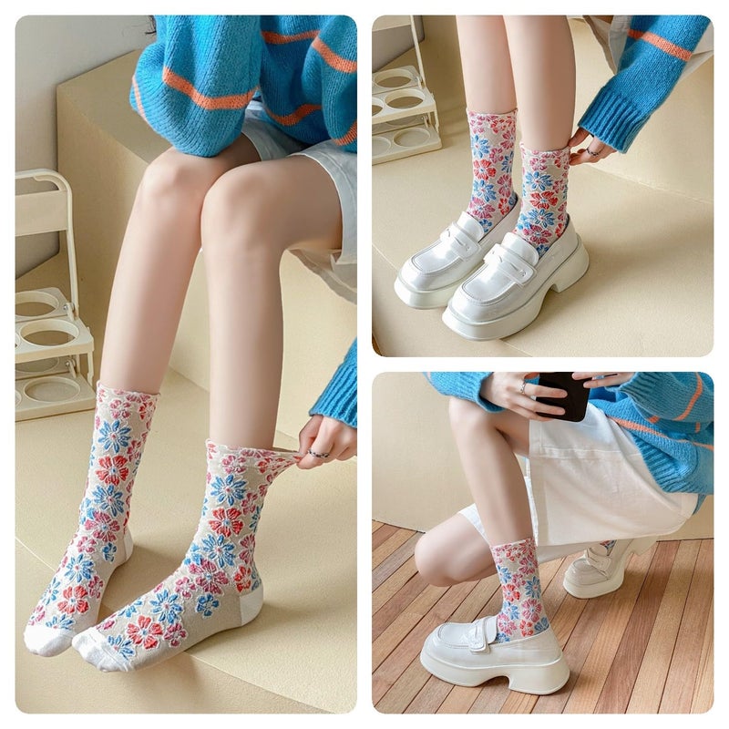 FORJMMP Vintage Embroidered Floral Socks for Women, Combed Cotton Crew Socks (5 Pairs-Set B) - Image 5