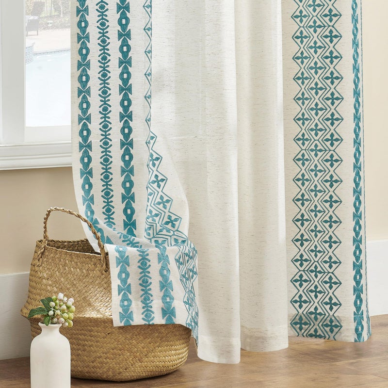 SEEKRIGHT Blue Boho Curtains 84 Inches Long For Living Room Bedroom 2 Panels Grommet Semi Sheer Natural Linen Curtains Bohemian Striped Embroidered Window Curtains Farmhouse Decor Drapes Privacy 52X84 Teal - Image 4