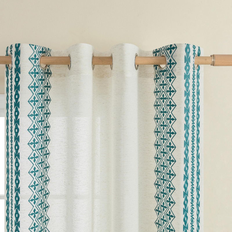 SEEKRIGHT Blue Boho Curtains 84 Inches Long For Living Room Bedroom 2 Panels Grommet Semi Sheer Natural Linen Curtains Bohemian Striped Embroidered Window Curtains Farmhouse Decor Drapes Privacy 52X84 Teal - Image 3
