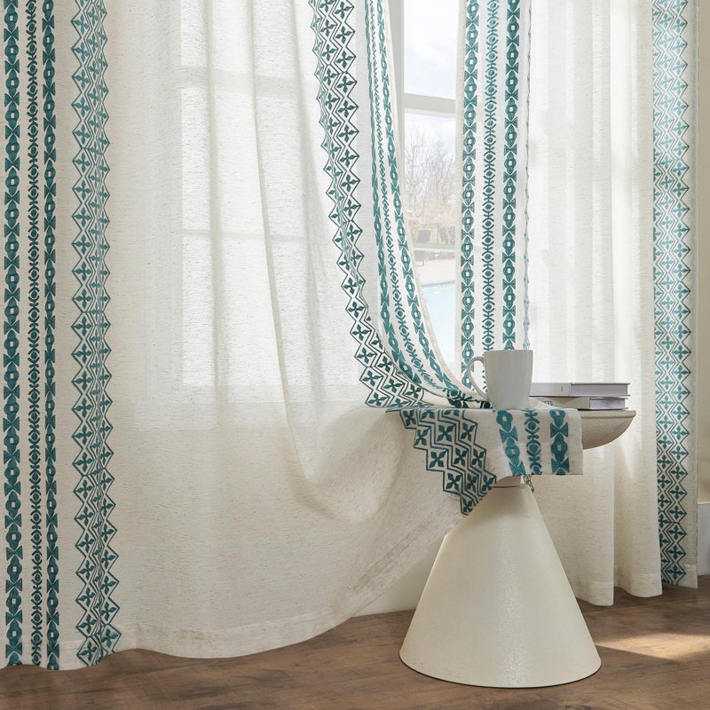 SEEKRIGHT Blue Boho Curtains 84 Inches Long For Living Room Bedroom 2 Panels Grommet Semi Sheer Natural Linen Curtains Bohemian Striped Embroidered Window Curtains Farmhouse Decor Drapes Privacy 52X84 Teal - Image 5