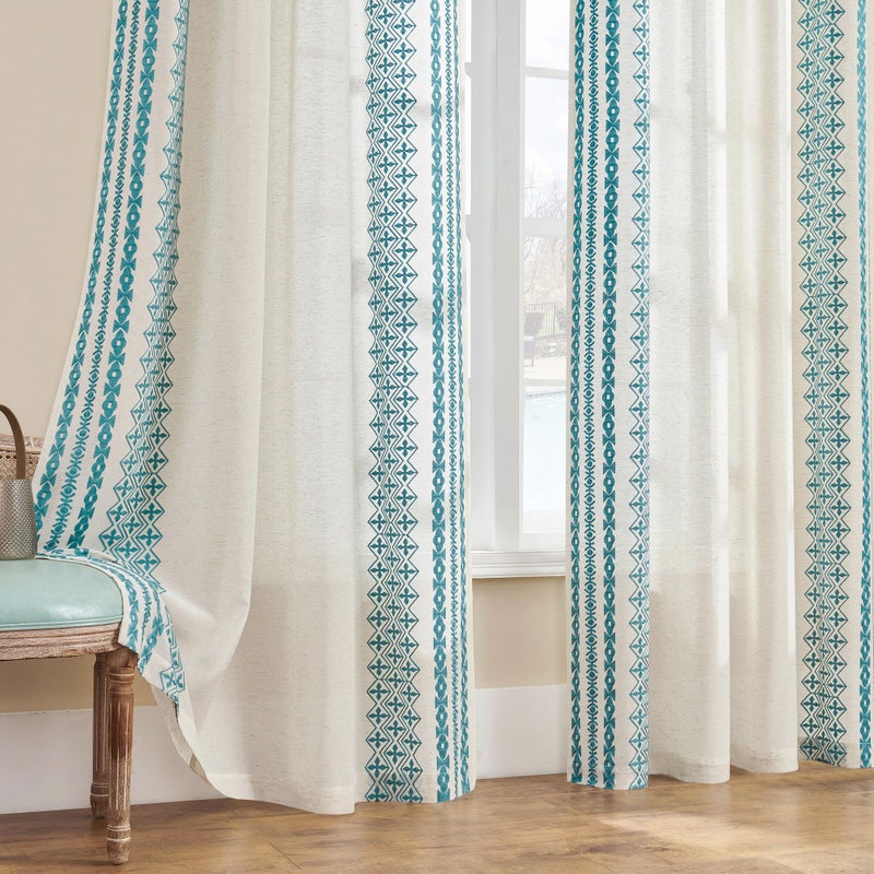 SEEKRIGHT Blue Boho Curtains 84 Inches Long For Living Room Bedroom 2 Panels Grommet Semi Sheer Natural Linen Curtains Bohemian Striped Embroidered Window Curtains Farmhouse Decor Drapes Privacy 52X84 Teal - Image 2