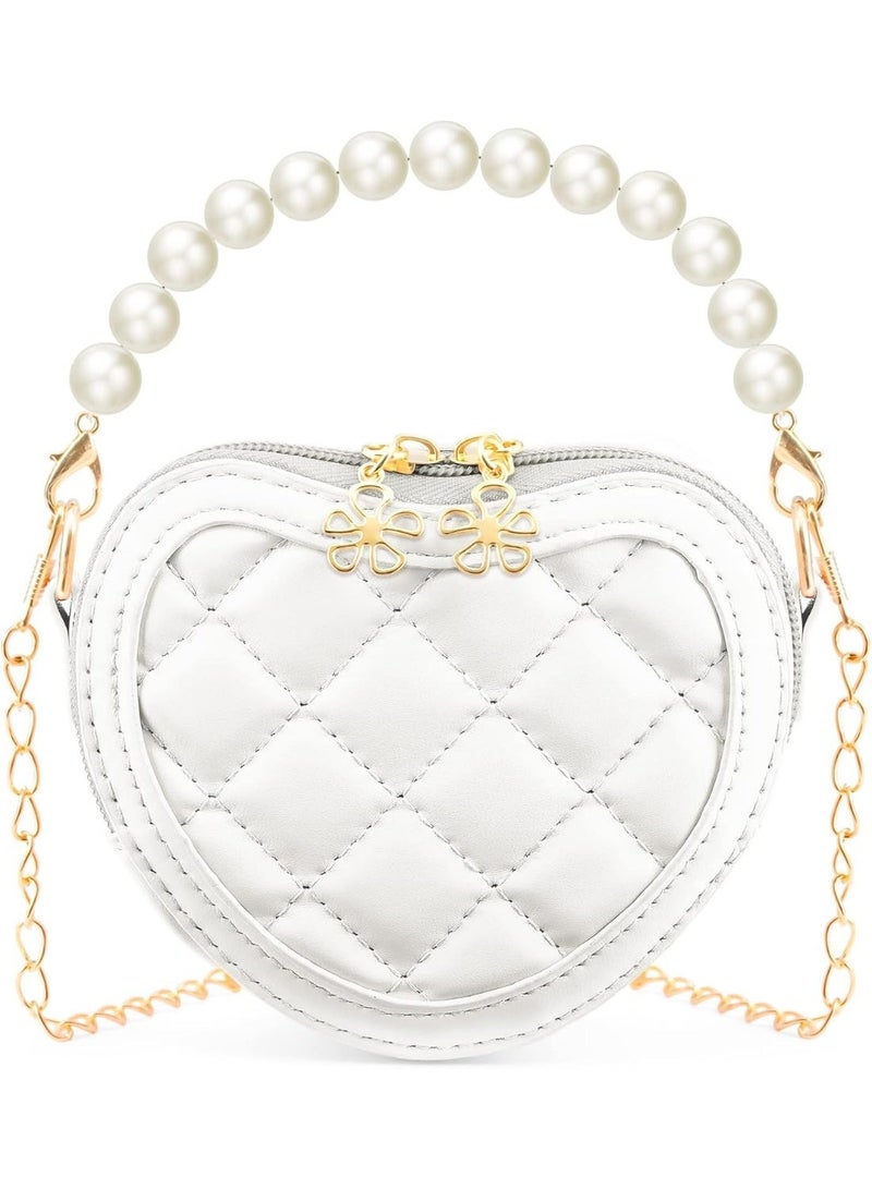 فتاة صغيرة على شكل قلب محفظة، حقيبة الكتف crossbody الطفل الصغير مع مقبض اللؤلؤة، الموضة مصغرة للأطفال محفظة، هدايا للأطفال (الأبيض) - Image 1