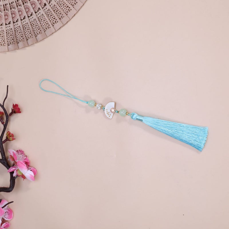 Generic Diamond Ball white fan tassel tassel Palace style cheongsam hanging tassel Han clothing accessories car hanging bag Press placket round beads hanging beard light blue green