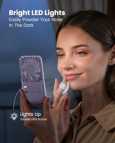 Gaiatop Mini Handheld Fan - 3 Speeds, 2000mAh USB Rechargeable Portable Fan with LED Lighted Makeup Mirror and Stand, Small Personal Fan Ideal for Outdoor Travel, Gifts for Women & Girls (Purple) - Image 4