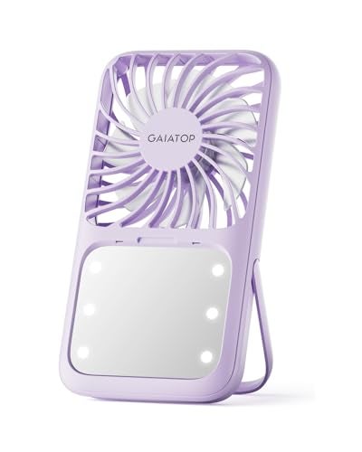 Gaiatop Mini Handheld Fan - 3 Speeds, 2000mAh USB Rechargeable Portable Fan with LED Lighted Makeup Mirror and Stand, Small Personal Fan Ideal for Outdoor Travel, Gifts for Women & Girls (Purple) - Image 1